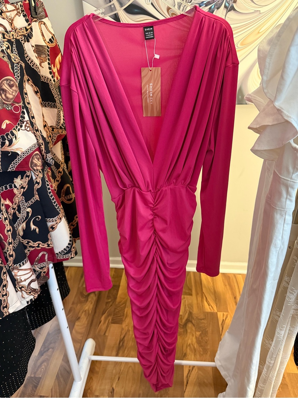 SHEIN Hot Pink Ruched V-Neck Long Sleeve Dress